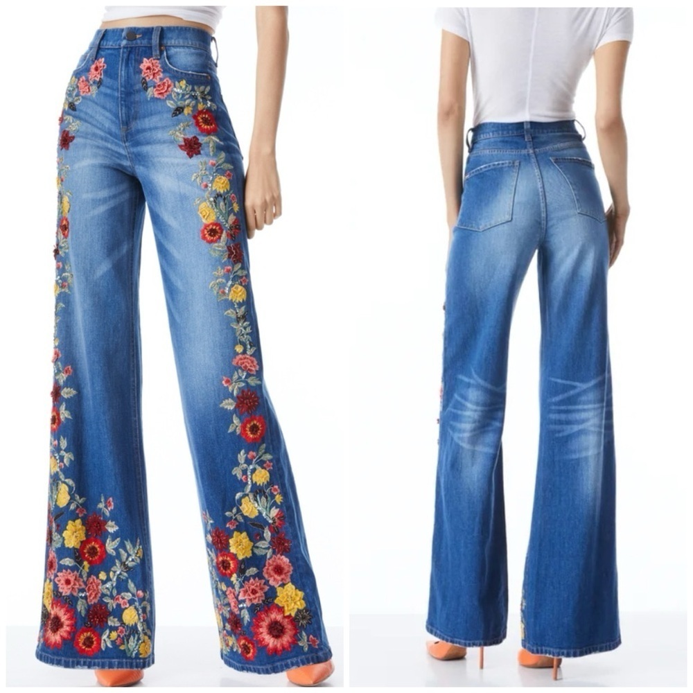 ALICE + OLIVIA GORGEOUS EMBROIDERED WIDE LEG JEANS